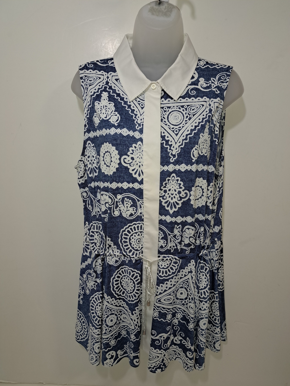 Premise Navy and White Sleeveless Collared Tunic